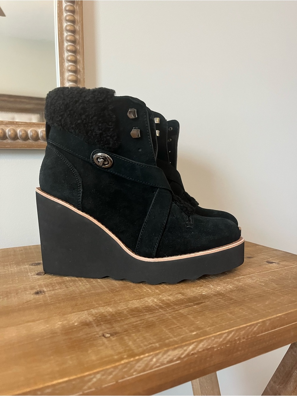 Coach Black Suede Wedge Ankle Boots with Shearling Cuff - Picture 3 of 4